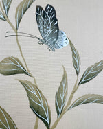 Close-up of the detailing on the butterfly and leaves featured in Diane Hill's original chinoiserie painting 'Tranquil Garden (B)'