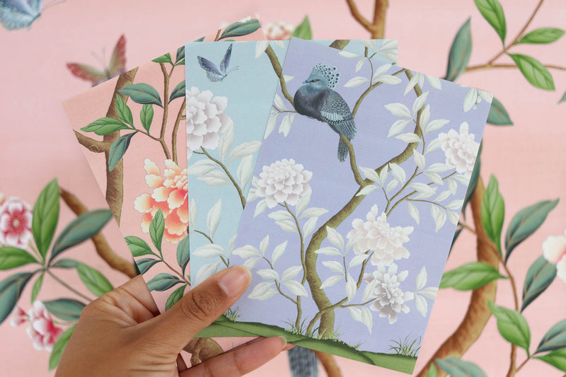3 pastel colored chinoiserie mini prints from Diane Hills 'Faraway Tree' print collection