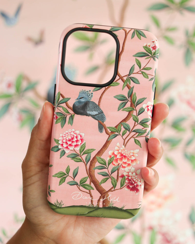 phone case containing pink chinoiserie design 'Euphoria' by Diane Hill