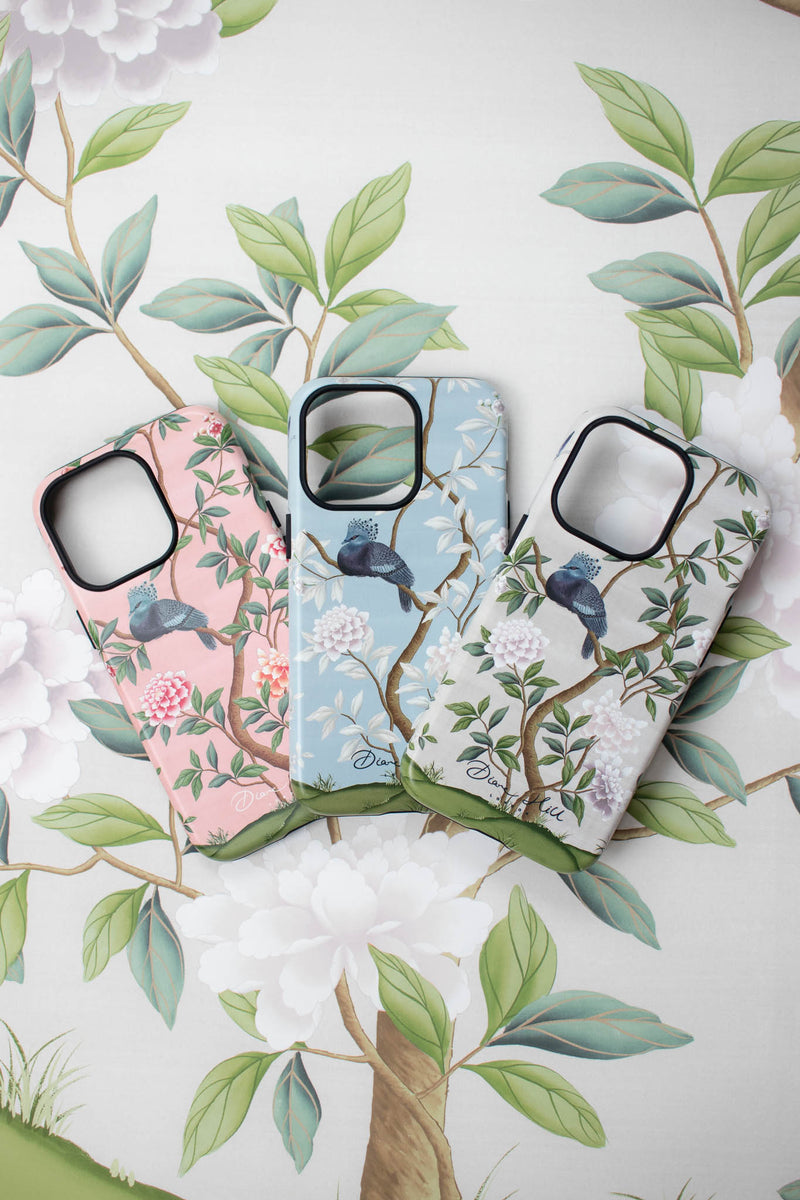 3 luxury chinoiserie phone cases with vintage-style botanical designs featuring birds flowers and trees