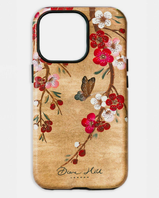 luxury chinoiserie phone case featuring a vintage inspired butterfly and cherry blossom branches on a gold background