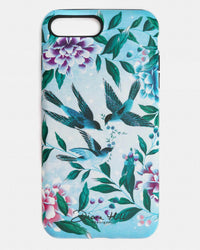 blue luxury chinoiserie phone case featuring three vintage inspired birds surrounded by leaves and flowers