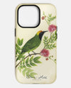 Luxury phone case featuring vintage style botanical bird on tree branch with flowers