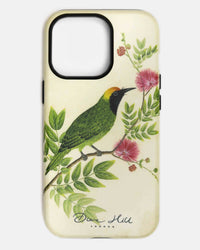 Luxury phone case featuring vintage style botanical bird on tree branch with flowers