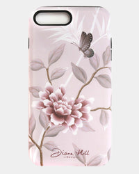 pink luxury phone case featuring vintage style butterfly and flower branches with a bamboo background