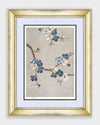 framed chinoiserie wall art print featuring Japanese-style cherry blossom branches on silver background