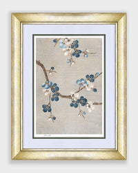 framed chinoiserie wall art print featuring Japanese-style cherry blossom branches on silver background