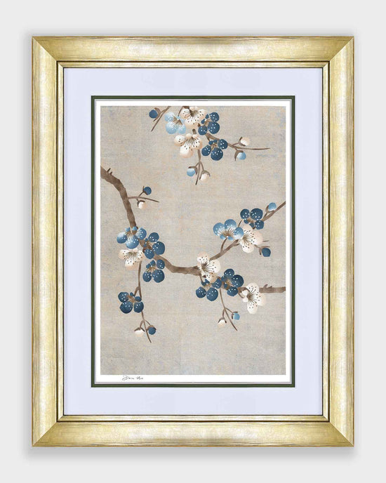 framed chinoiserie wall art print featuring Japanese-style cherry blossom branches on silver background