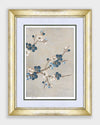 framed chinoiserie wall art print featuring Japanese-style cherry blossom branches on silver background