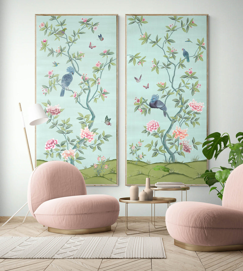 pair of 2 framed blue and green botanical chinoiserie wall panel prints with flowers and birds in Chinese painting style on wall