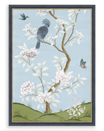 Blue vintage floral chinoiserie wall art print with flowers and birds, chinoiserie chic wall art, Chinese style art illustration