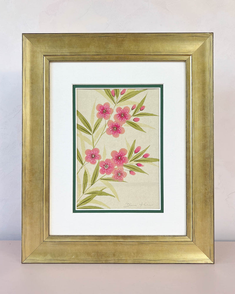 Diane Hill's original chinoiserie painting 'Oleander Pink' in a gold frame on a plain white background