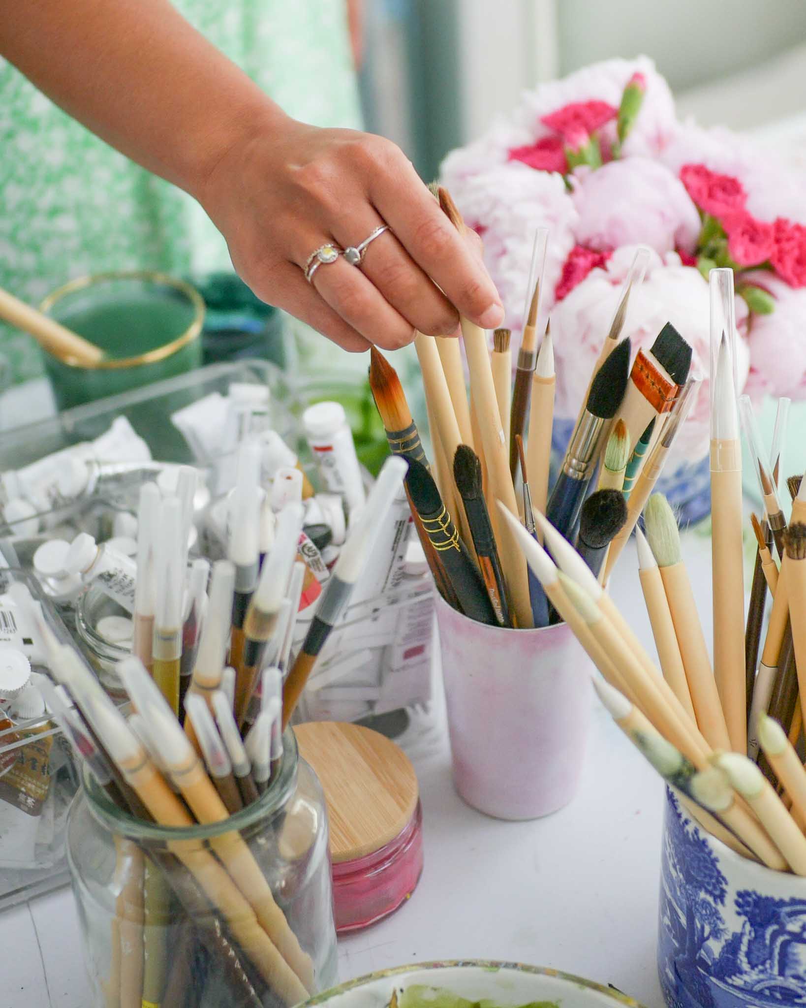 chinoiserie paintbrushes in art studio