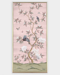 framed pink chinoiserie wall art panel print featuring birds, butterflies, and flowers