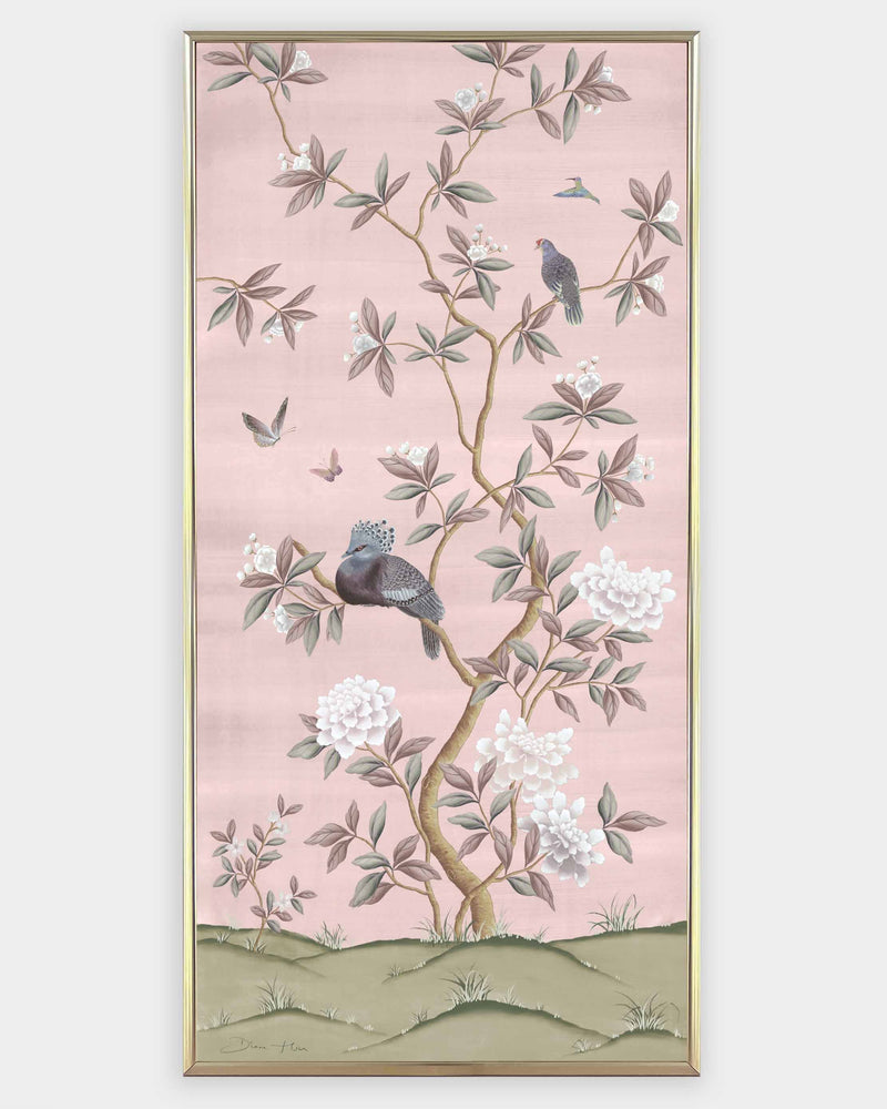 framed pink chinoiserie wall art panel print featuring birds, butterflies, and flowers