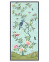 framed blue and green botanical chinoiserie wall panel print with flowers and birds in Chinese painting style