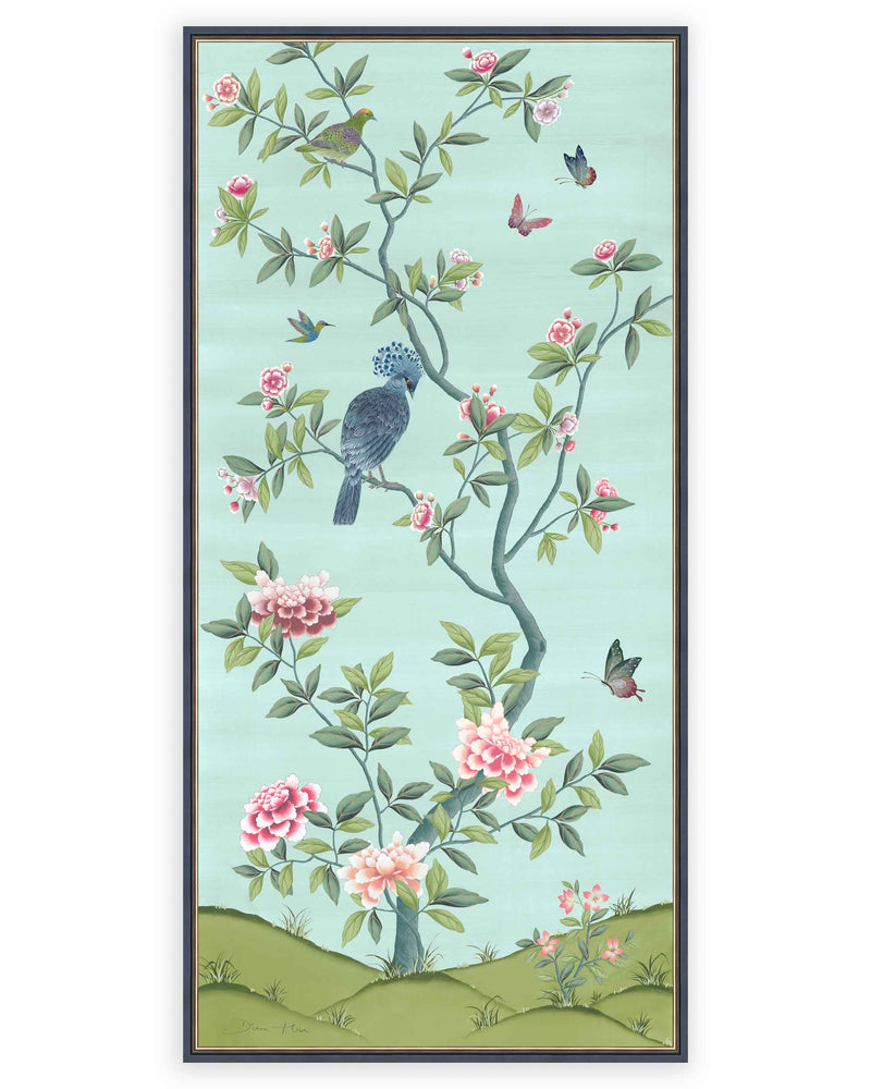 framed blue and green botanical chinoiserie wall panel print with flowers and birds in Chinese painting style