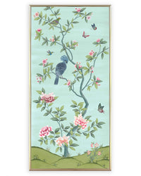 framed blue and green botanical chinoiserie wall panel print with flowers and birds in Chinese painting style