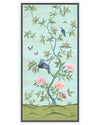 framed blue and green botanical chinoiserie wall panel print with flowers and birds in Chinese painting style