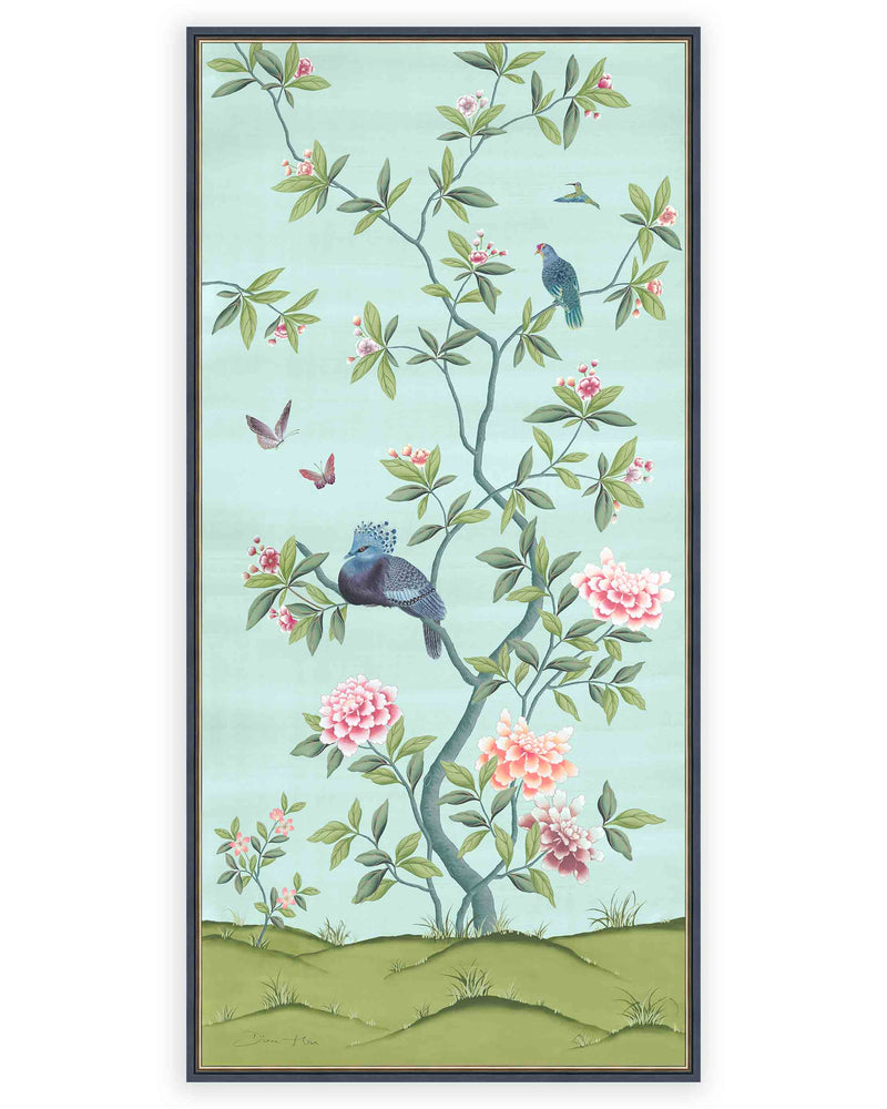 framed blue and green botanical chinoiserie wall panel print with flowers and birds in Chinese painting style