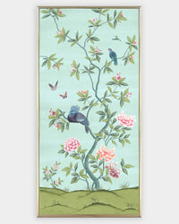 framed blue and green botanical chinoiserie wall panel print with flowers and birds in Chinese painting style