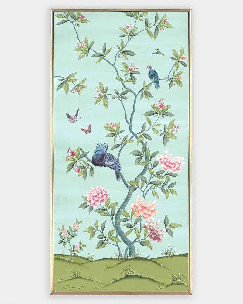 framed blue and green botanical chinoiserie wall panel print with flowers and birds in Chinese painting style