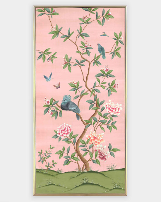 framed pink and green botanical chinoiserie wall panel print with flowers and birds in Chinese painting style