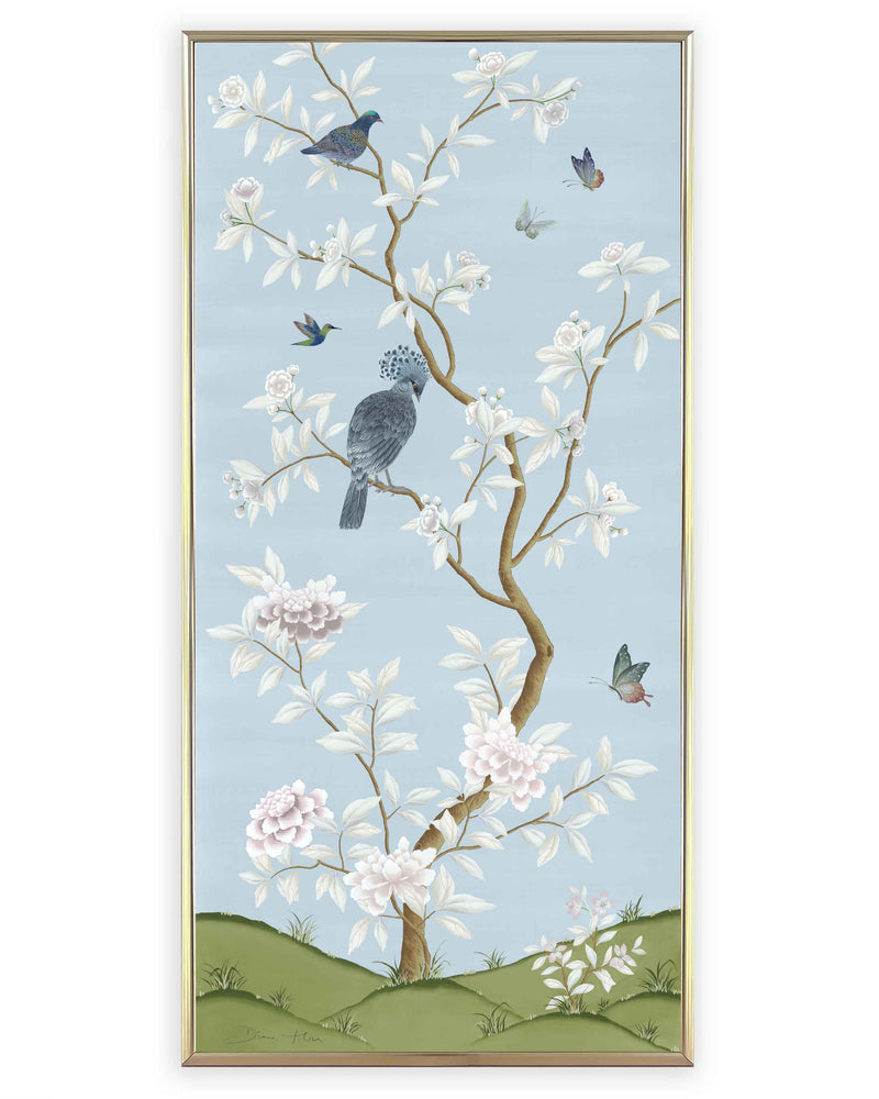 Framed blue botanical chinoiserie wall panel prints with flowers and birds in Chinese painting style