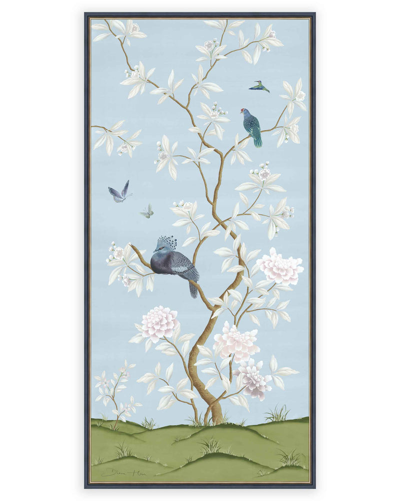 framed blue chinoiserie art print wall panel featuring birds, butterflies, and flowers