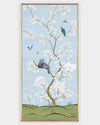 framed blue chinoiserie art print wall panel featuring birds, butterflies, and flowers