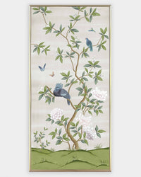 framed ivory and green botanical chinoiserie wall panel prints with flowers and birds in Chinese painting style