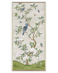 framed ivory and green botanical chinoiserie wall panel prints with flowers and birds in Chinese painting style