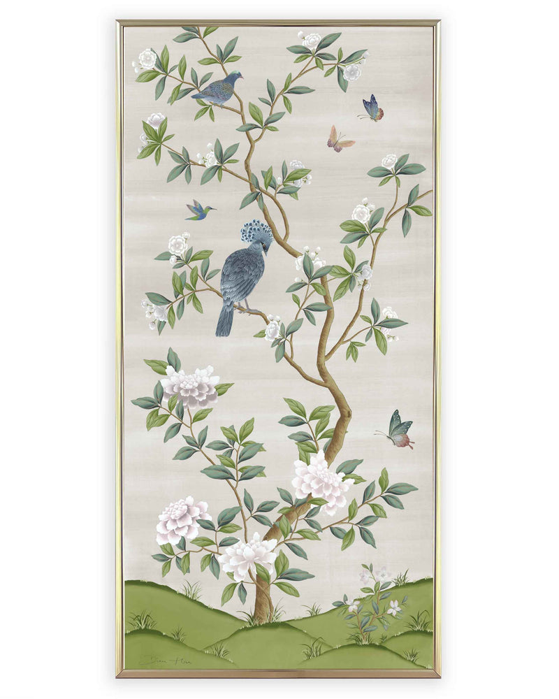 white vintage floral chinoiserie wall art panel print with flowers and birds, chinoiserie chic wallpaper panel, Chinese style art illustration