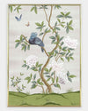 framed ivory and green botanical chinoiserie wall art print with flowers and birds in Chinese painting style