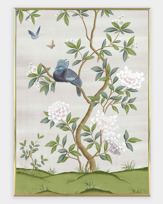 framed ivory and green botanical chinoiserie wall art print with flowers and birds in Chinese painting style