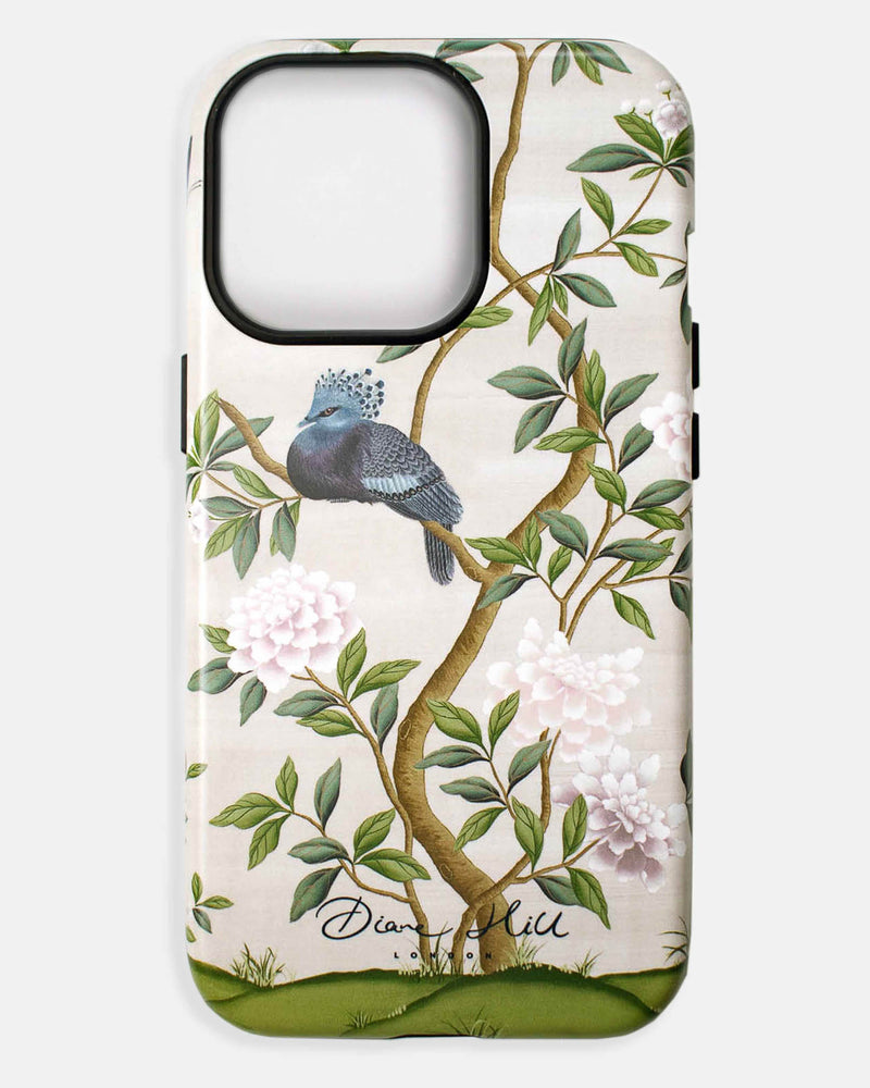 white luxury phonecase with chinoiserie style bird and white flowers