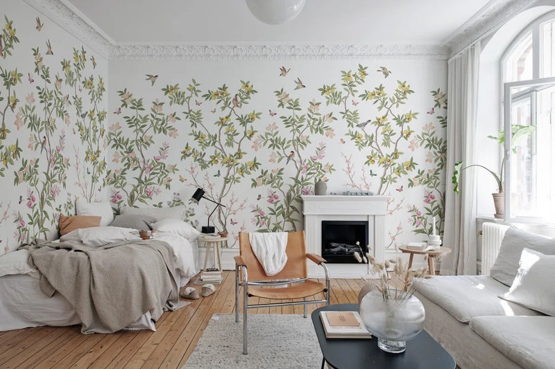 'Chinoiserie Chic' chinoiserie wallpaper by Diane Hill for Rebel Walls in a bedroom room lifestyle photo