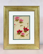 Diane Hill's original chinoiserie painting 'Rouge Roses' in a gold frame on a plain white background