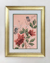 framed pink chinoiserie gouache painting featuring red flowers, blossoms, butterflies and branches on silk paper