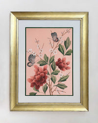 framed pink chinoiserie gouache painting featuring red flowers, blossoms, butterflies and branches on silk paper