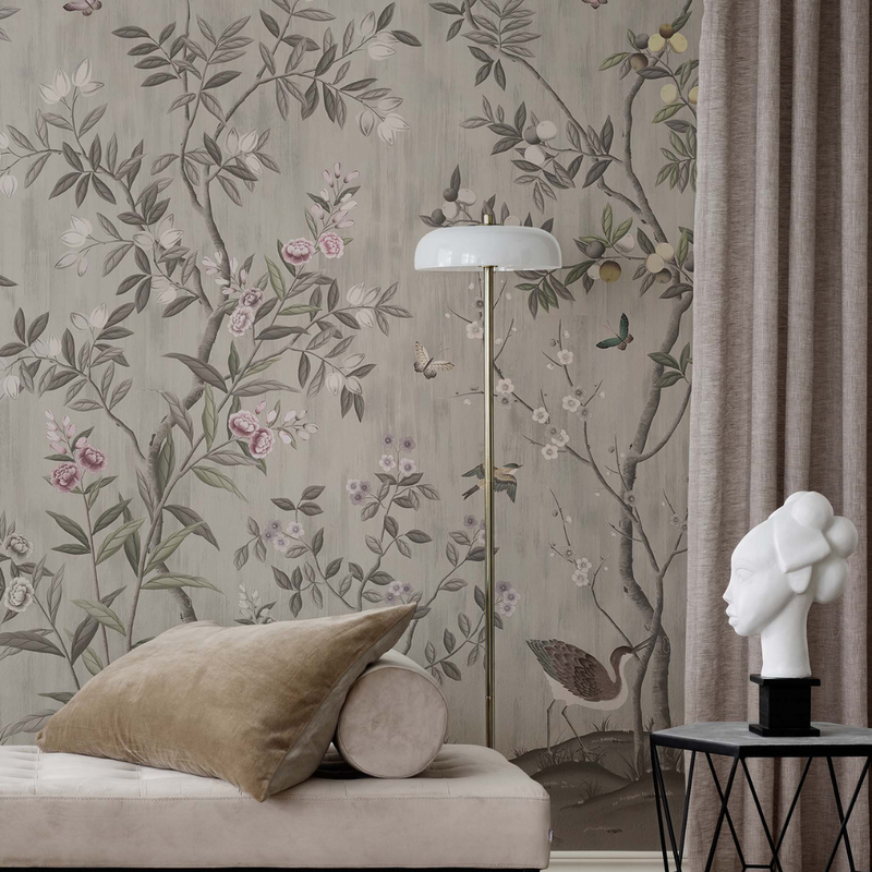 'Chinoiserie Chic, Powder Beige' wallpaper by Diane Hill x Harlequin in a living dining room photo