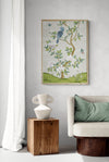 framed ivory and green botanical chinoiserie wall art print with flowers and birds in Chinese painting style on wall