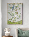 framed ivory and green botanical chinoiserie wall art print with flowers and birds in Chinese painting style on wall