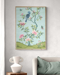 framed blue and green botanical chinoiserie wall art print with flowers and birds in Chinese painting style