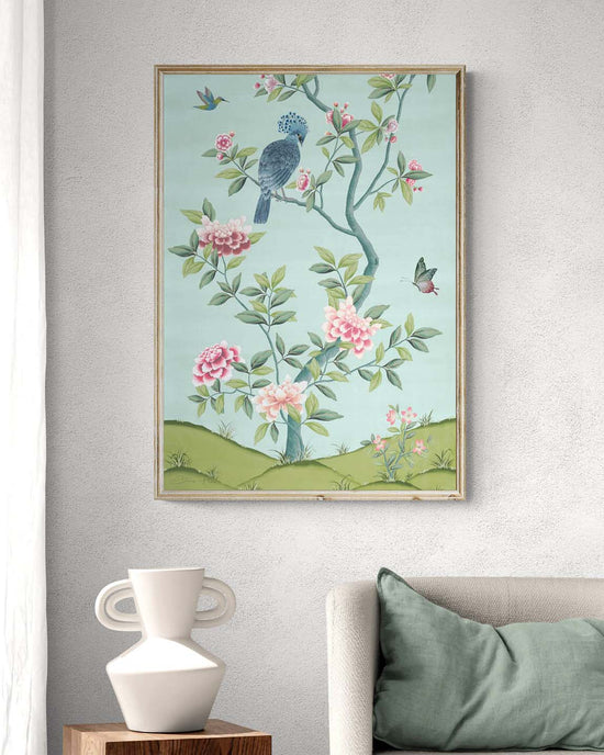 framed blue and green botanical chinoiserie wall art print with flowers and birds in Chinese painting style