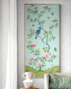 framed blue and green botanical chinoiserie wall art panel with flowers and birds in Chinese painting style on wall