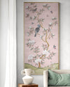 Pink botanical chinoiserie wall panel print with flowers and birds in Chinese painting style on wall