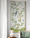 framed ivory and green botanical chinoiserie wall panel print with flowers and birds in Chinese painting style on wall