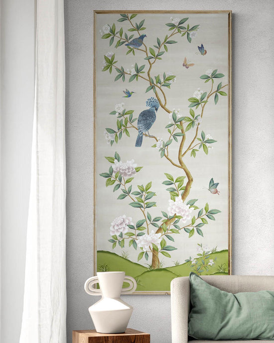 framed ivory and green botanical chinoiserie wall panel print with flowers and birds in Chinese painting style on wall