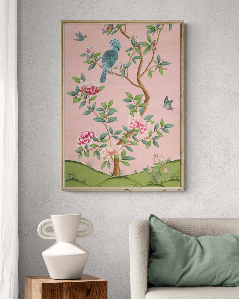 framed pink and green botanical chinoiserie wall art print with flowers and birds in Chinese painting style on wall